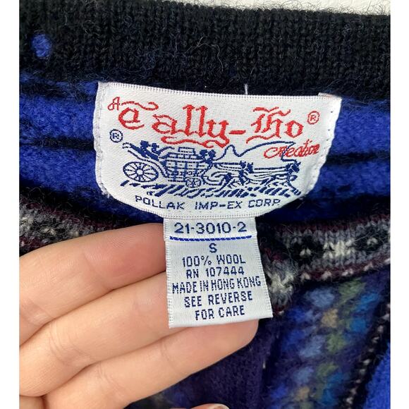 Vintage Tally Ho Blue Thick Wool Floral Button Up High Neck Patterned Sweater S - Picture 3 of 8